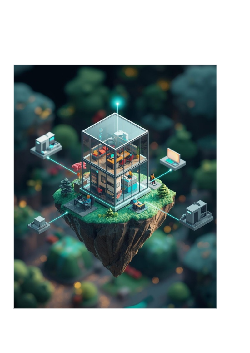3D isometric floating island with connected remote workspaces and glass office building